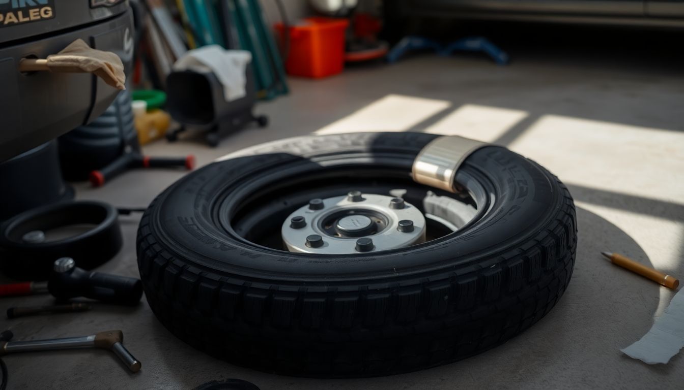 Een lekke band wordt gerepareerd in een garage.