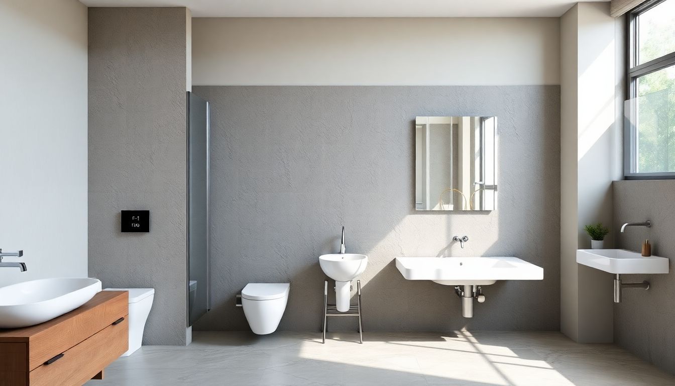 Een moderne badkamer met verschillende stucco afwerkingen voor een stijlvolle uitstraling.