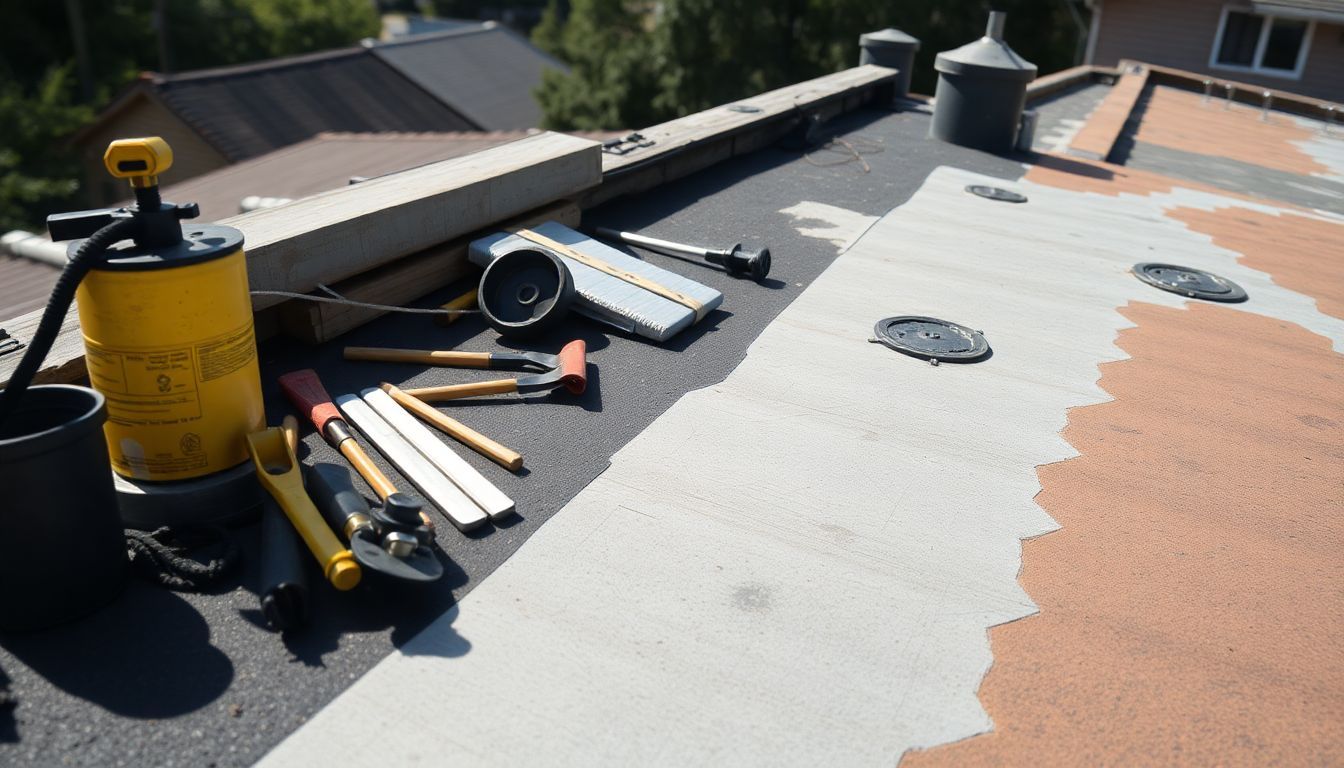 Een set van dakgereedschap en materialen op een plat dak.