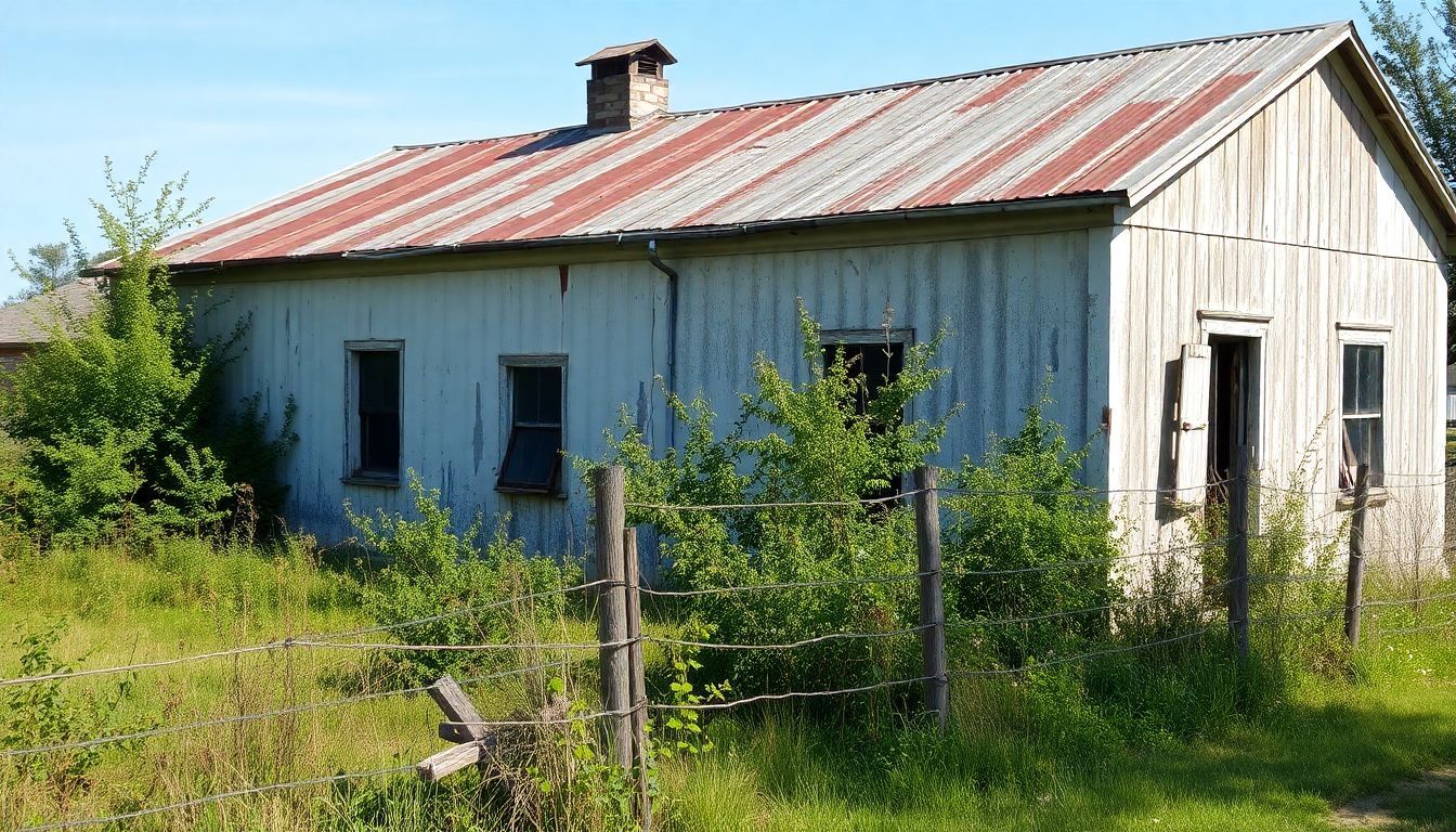 Een vervallen boerderij met roestig dak en overwoekerde planten.