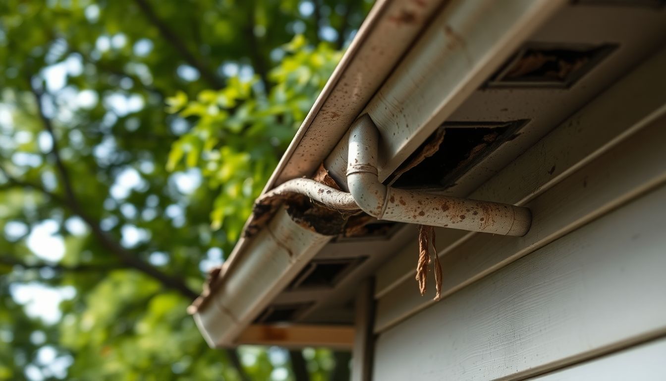 Een beschadigde regenpijp met verstopping en lekkage op een huis.