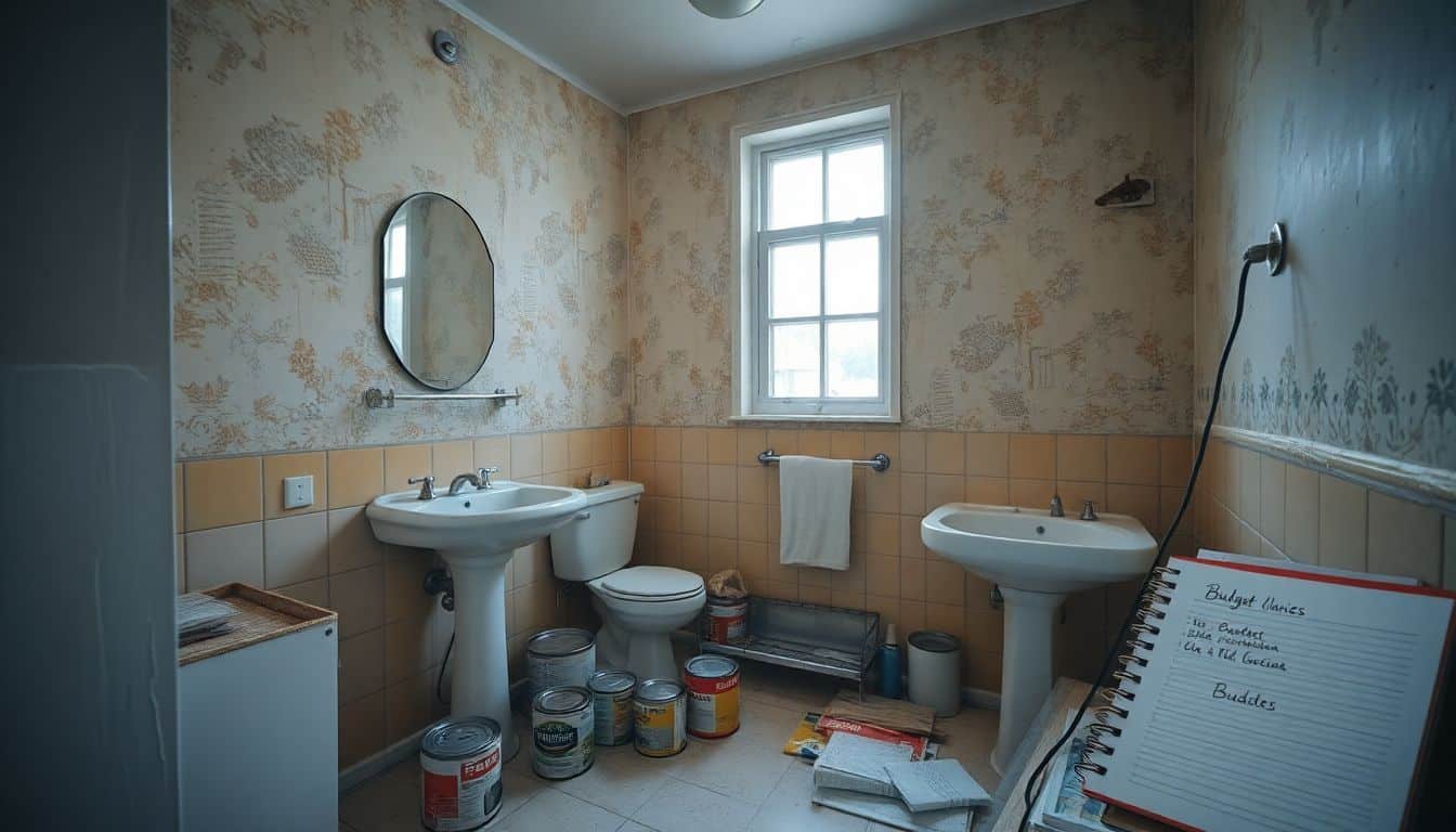Een verouderde badkamer met renovatiespullen verspreid over de vloer.
