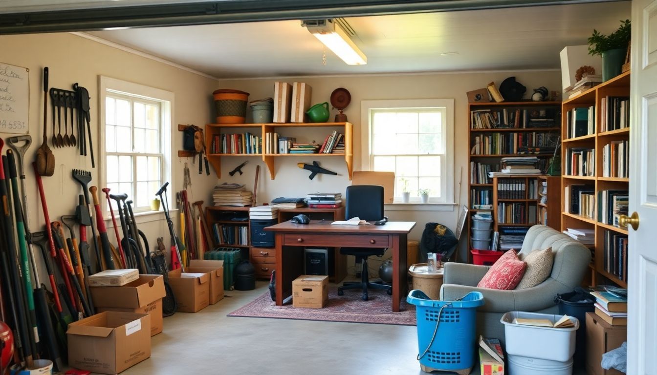 Een rommelige garage is omgezet in een gezellig thuiskantoor met boekenkasten en een leeshoek.