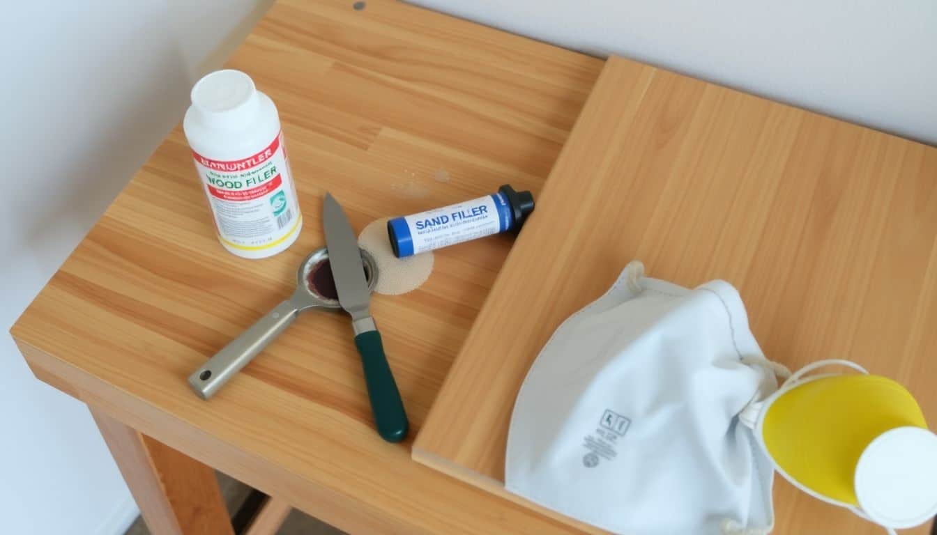 Een werkbank met gereedschap en materialen voor het repareren van een deur.