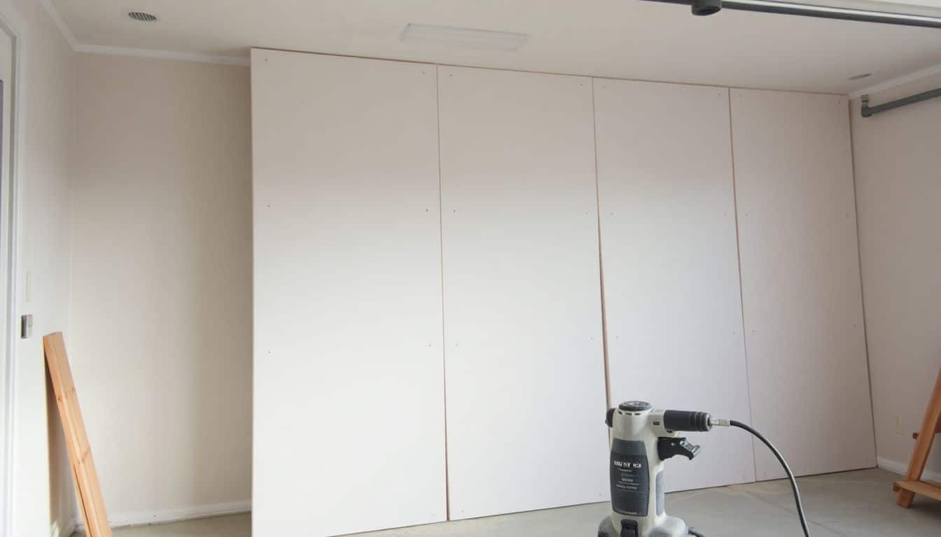 Een foto van het schuren van gipsplaten in een goed verlichte garage.