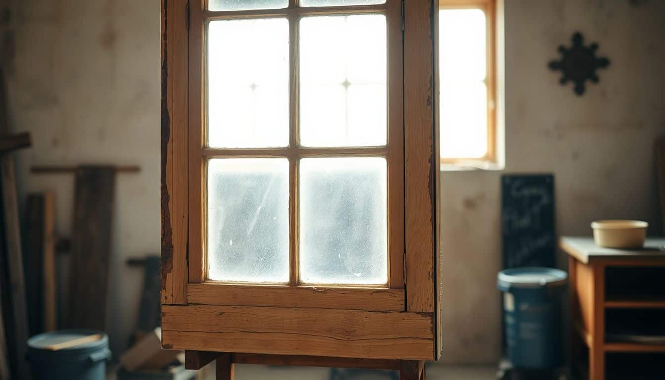 Een houten raamkozijn met rot wordt hersteld met epoxyhars in een werkplaats.