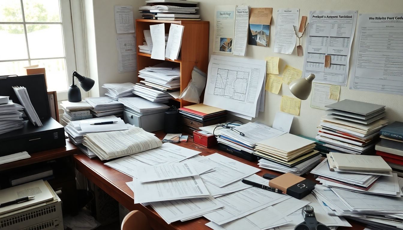 Een rommelig thuiskantoor vol papierwerk en renovatieplannen.