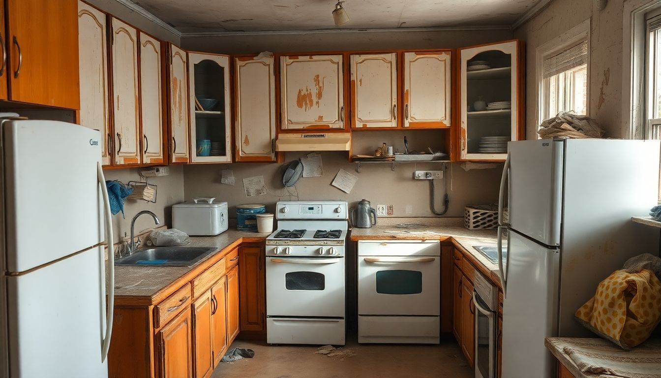 Een rommelige keuken wacht op renovatie, met versleten kasten en verouderde apparaten.