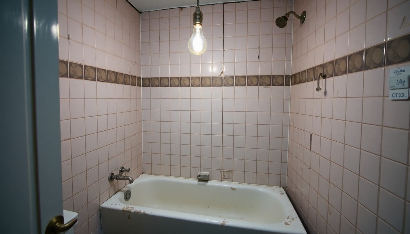 Een kleine badkamer ondergaat renovatie met verouderde tegels en sanitair.