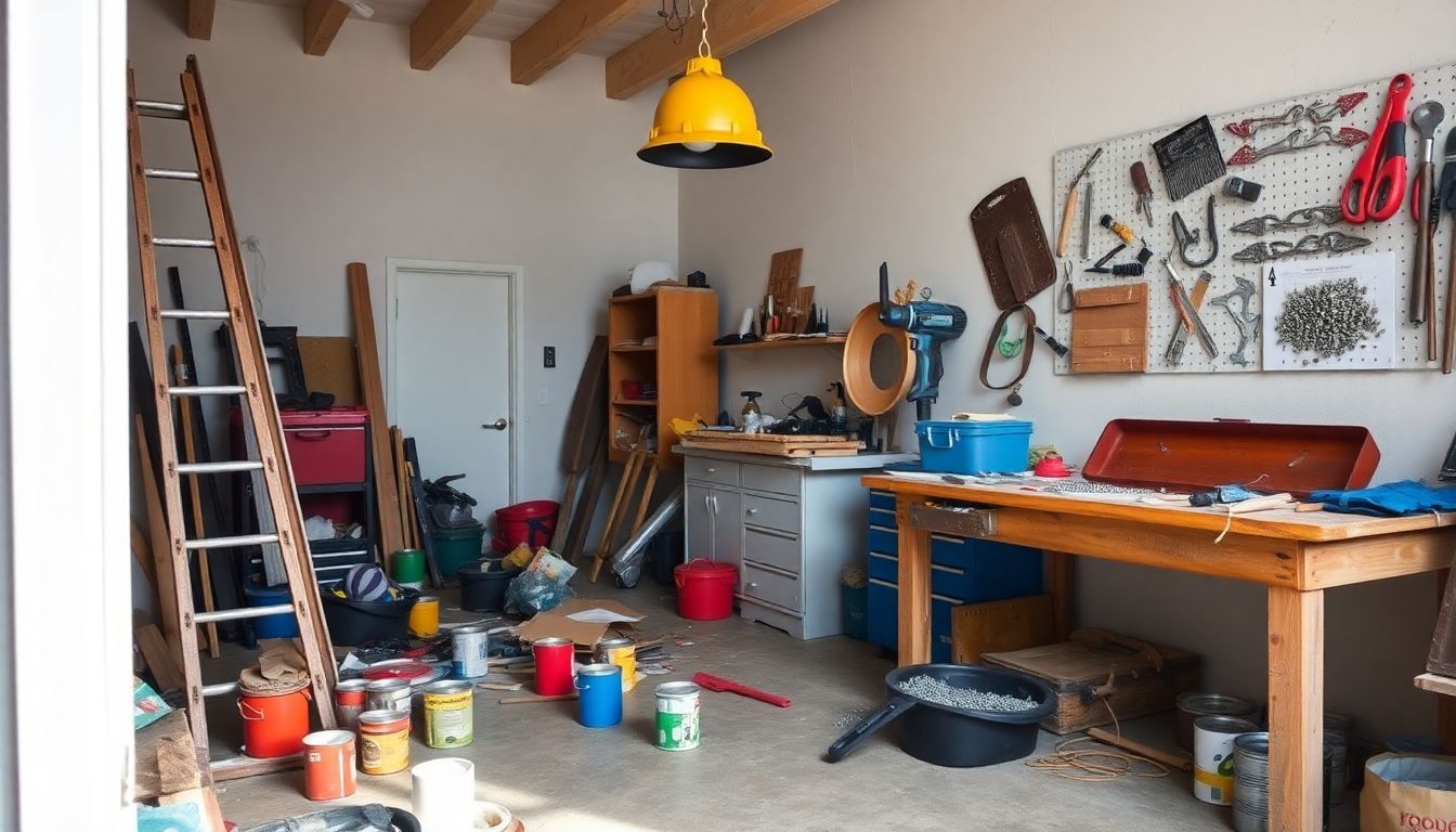 Een rommelige werkplaats vol gereedschap en DIY-projecten.