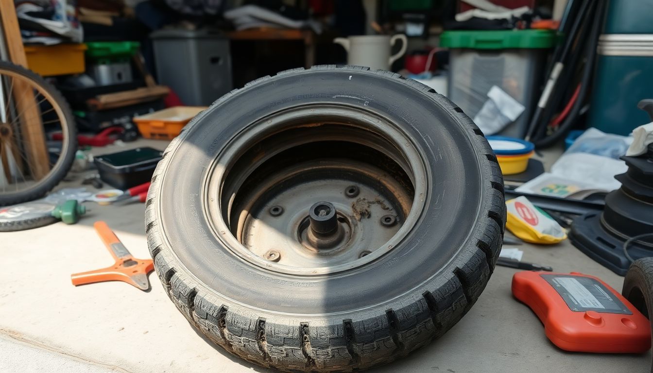 Een oude band met een lekke band wordt gerepareerd in een rommelige garage.