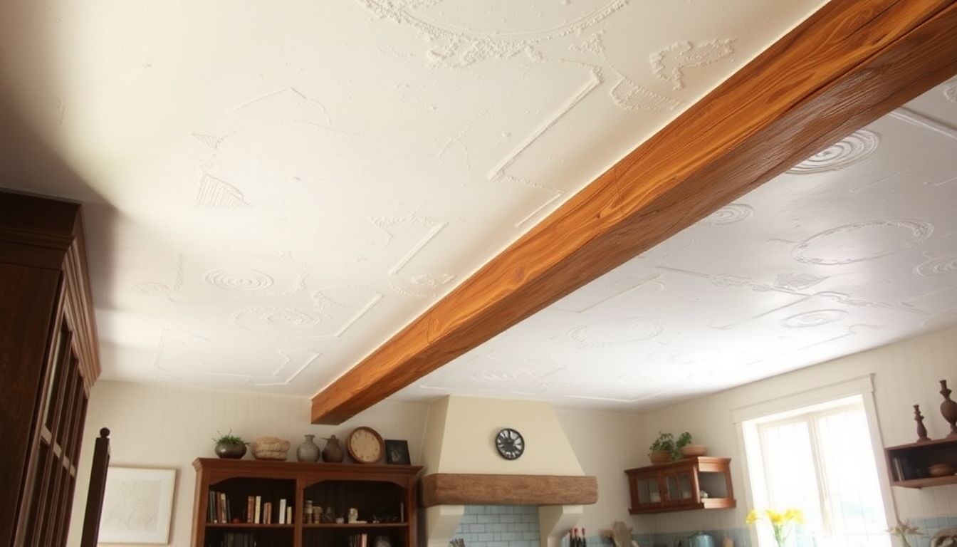Een rustieke keuken met verschillende plafondpleister technieken en houten balken.