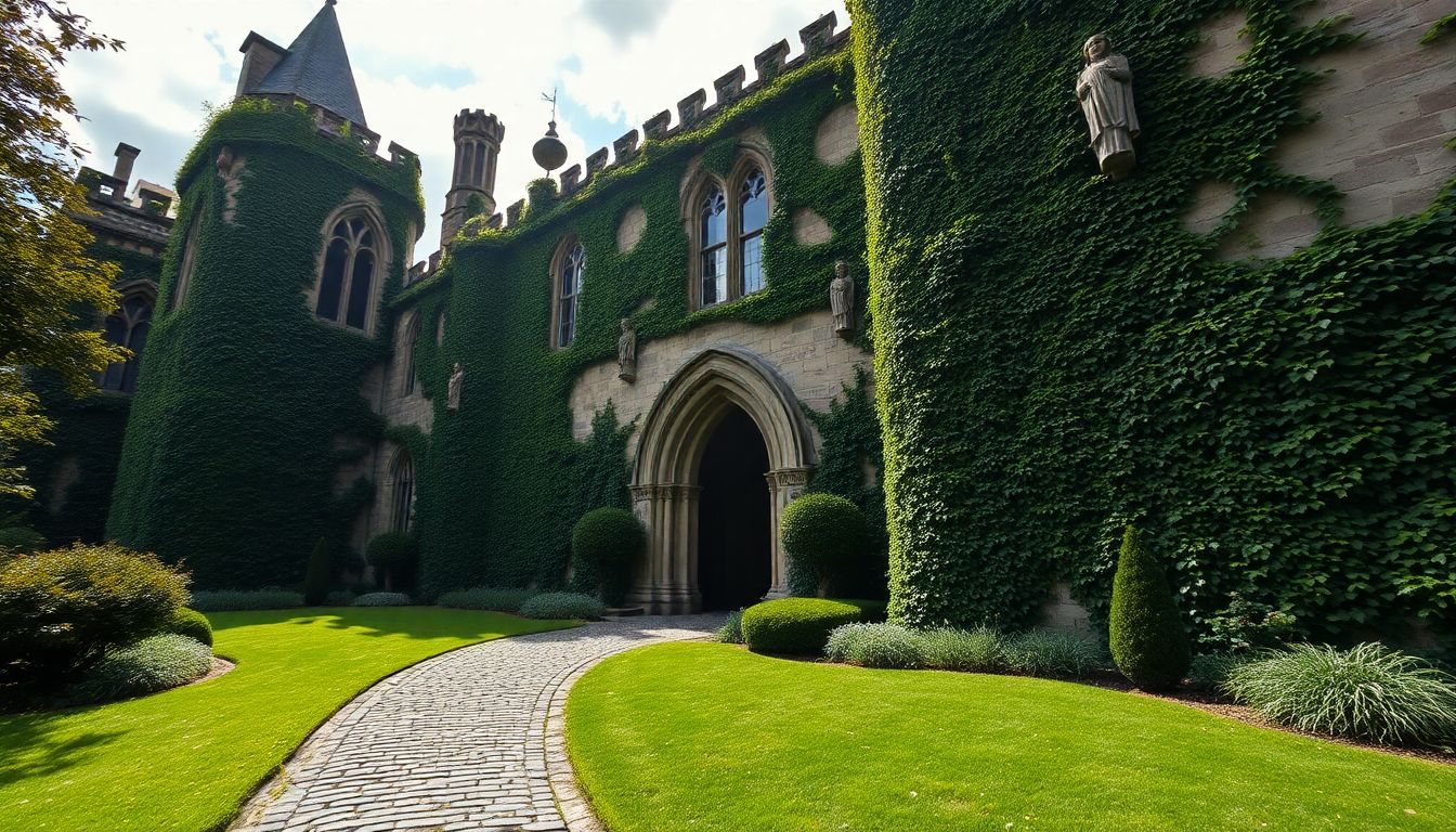 Een oude kasteel bedekt met klimop in een weelderige tuin.