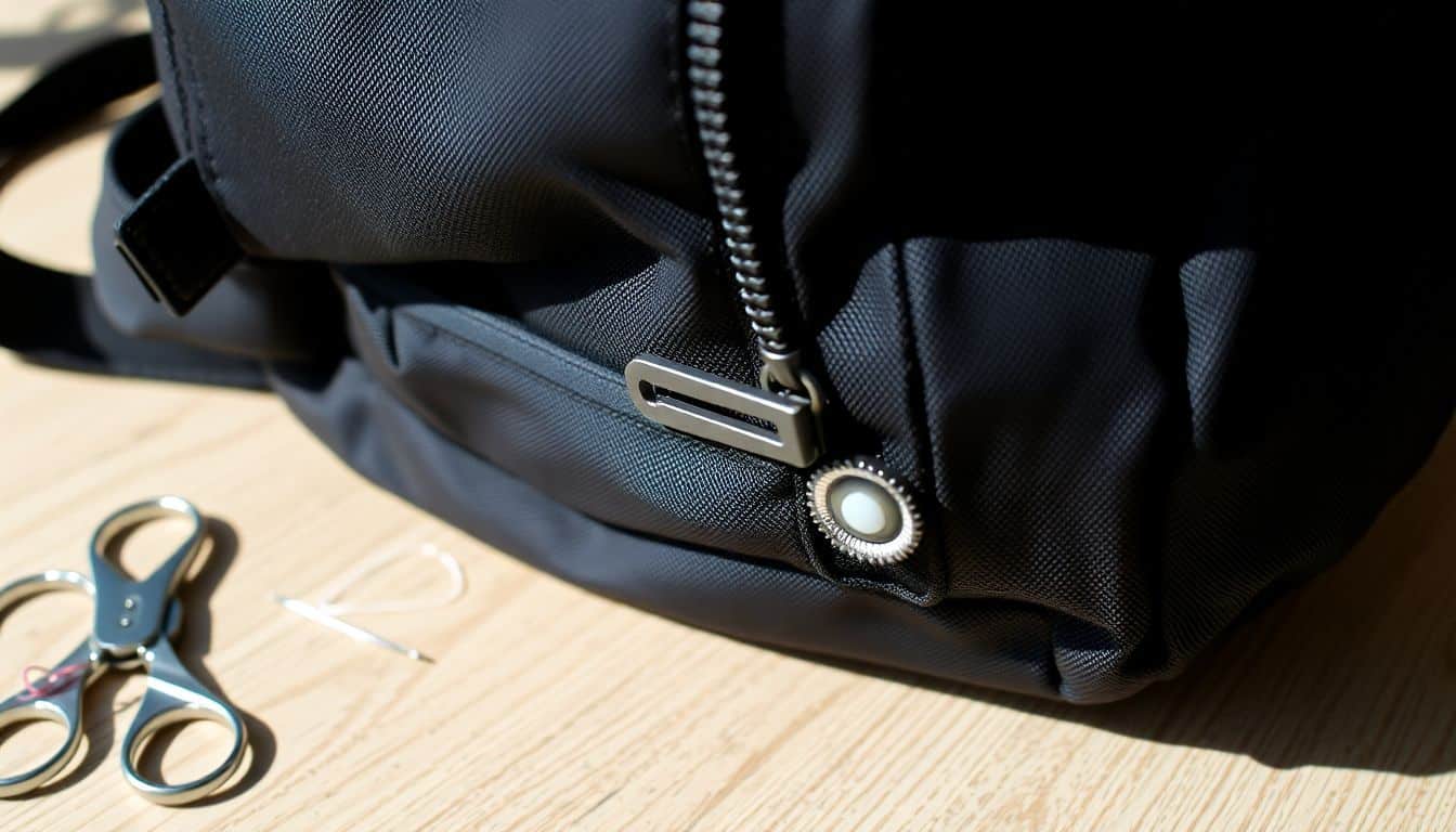 Een beschadigde rits van een zwarte rugzak met gereedschap voor reparatie.