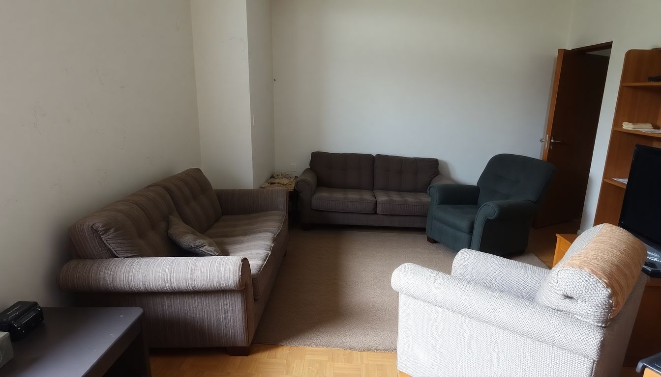 Eenvoudige, rommelige woonkamer met gedateerde meubels en afbladderende verf.