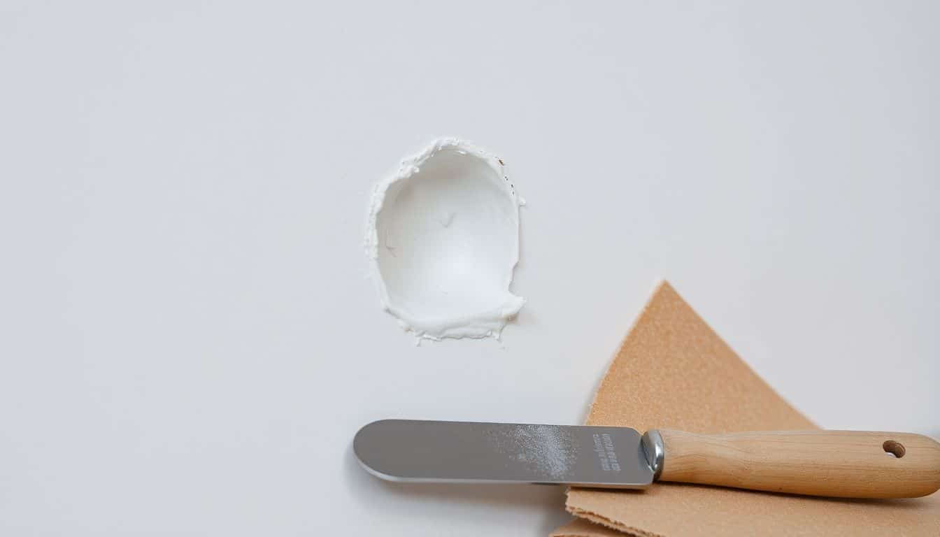 Een close-up foto van een muur met opvulmiddel, plamuurmes en schuurpapier.