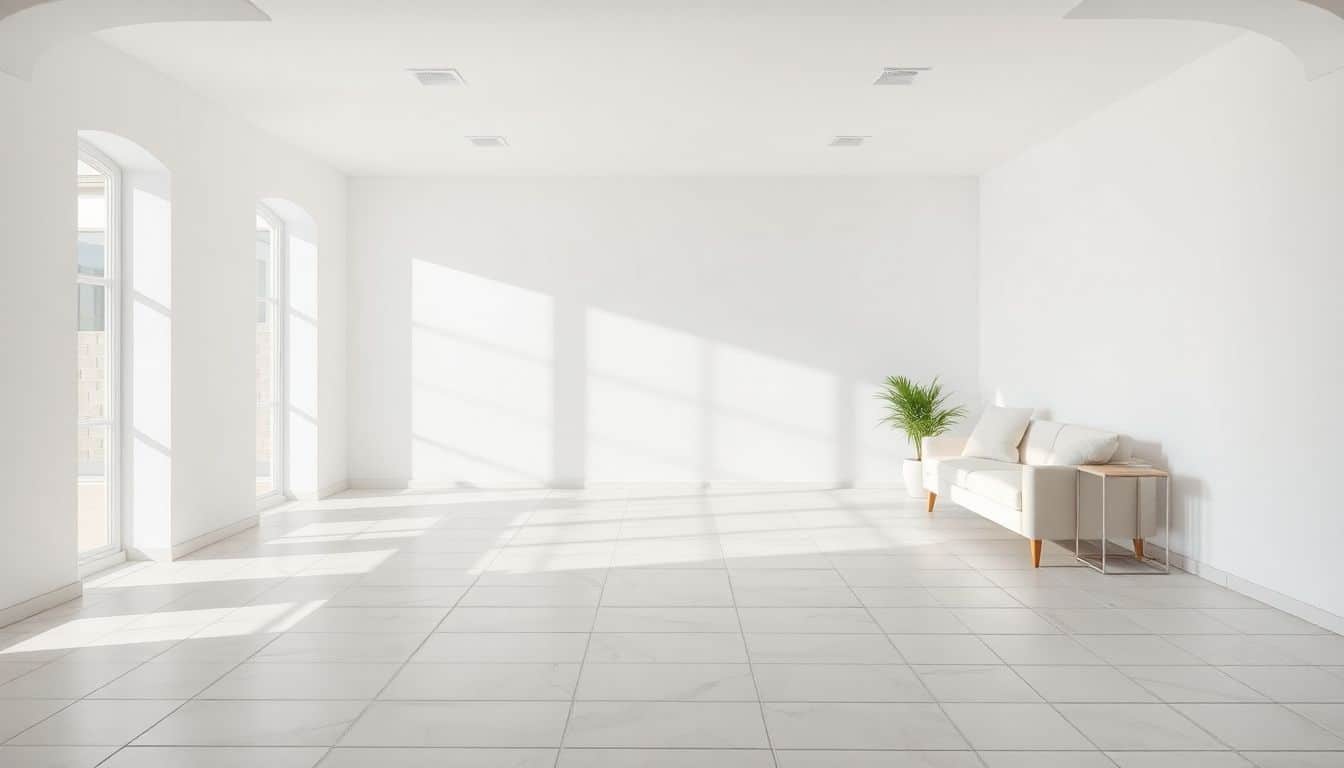 Een moderne woonkamer met witte stucwerk muren en oude tegeloppervlakken.