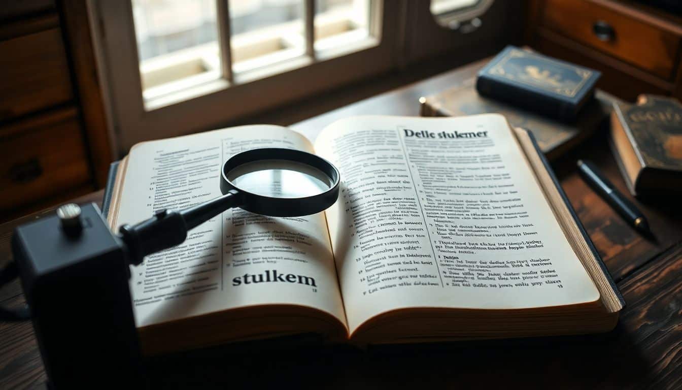 Een vintage Nederlands woordenboek met een vergrootglas op een bureau.