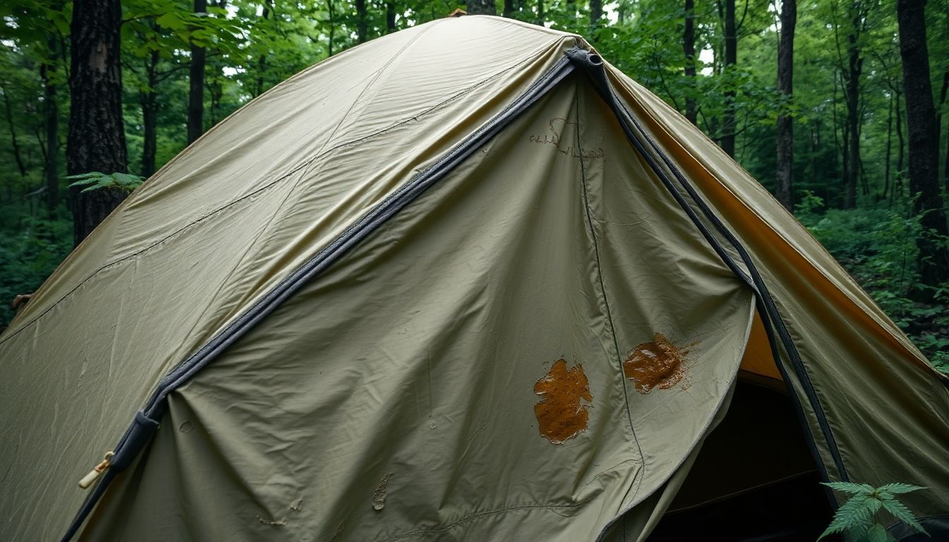 Een oude en versleten tent in een vochtig bos.