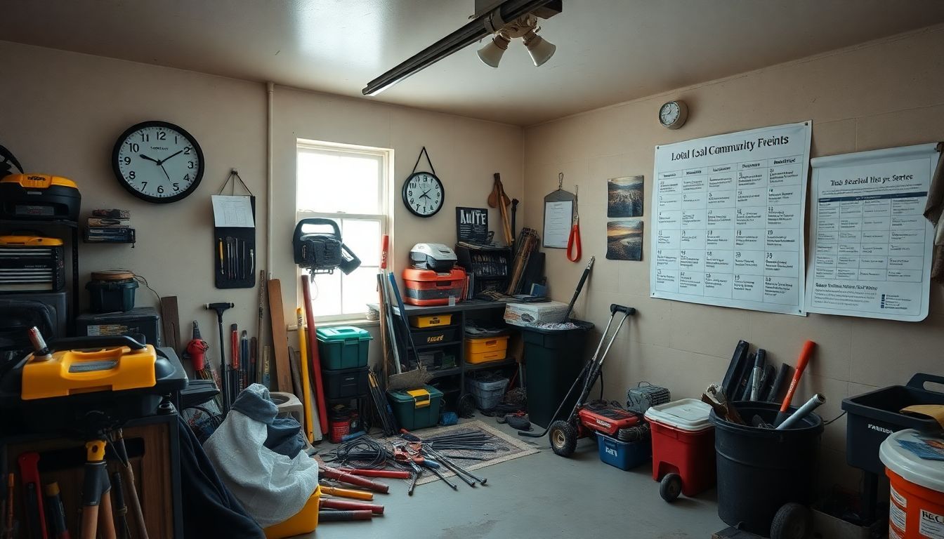 Een rommelige garage vol met gereedschap en een kalender.