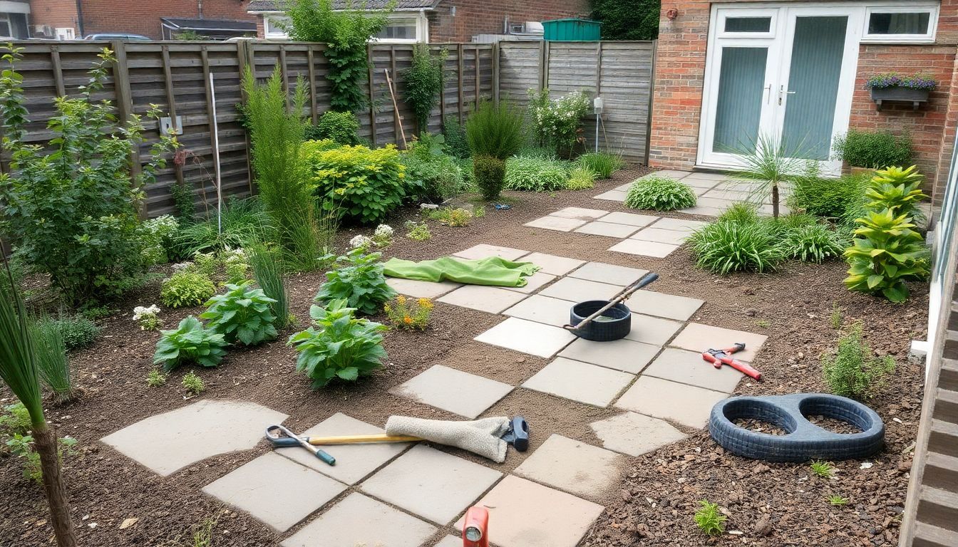 Een Nederlandse tuin in renovatie met diverse planten en bestrating.
