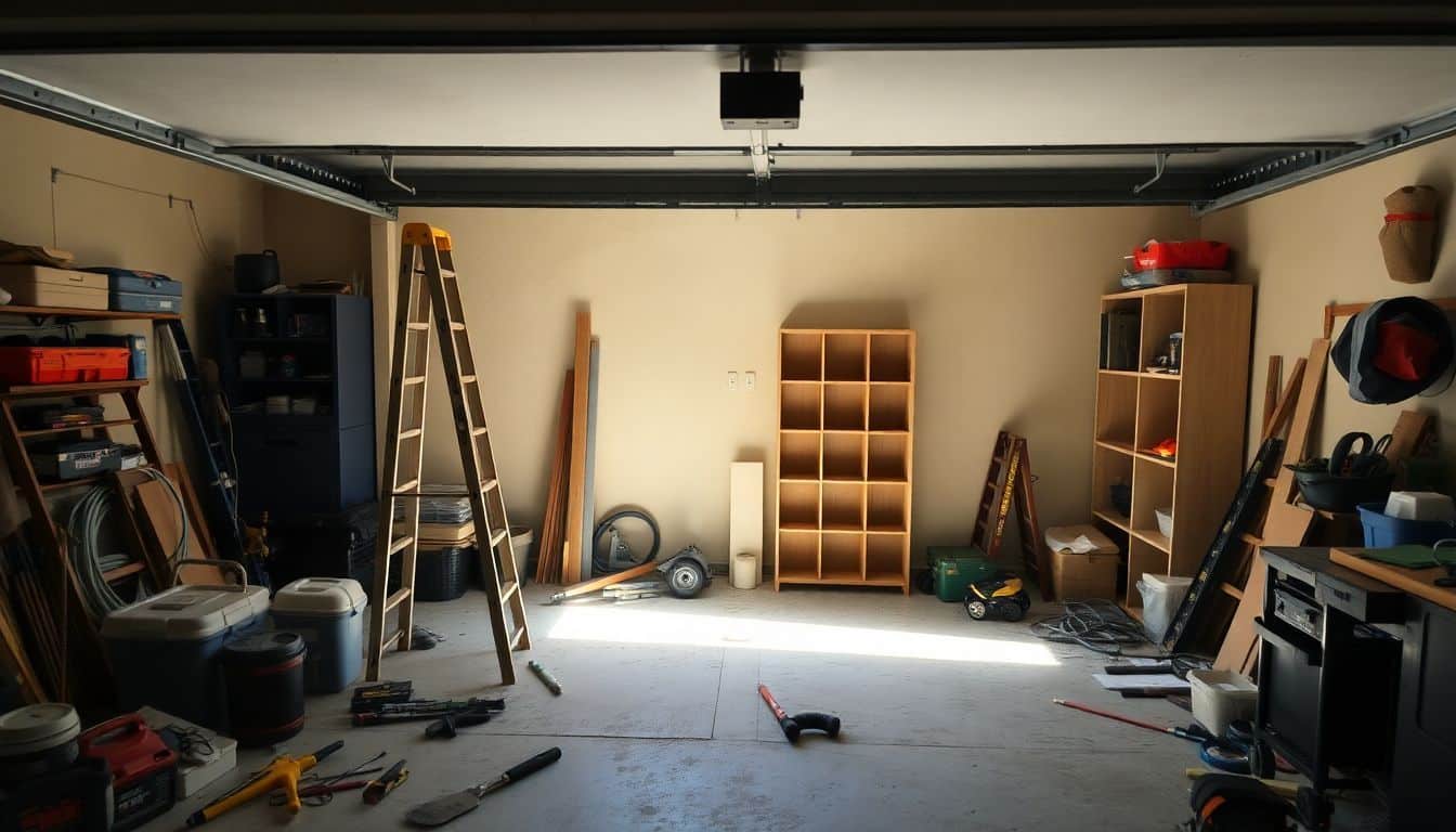 Een rommelige garage met gereedschap en onvoltooide planken.