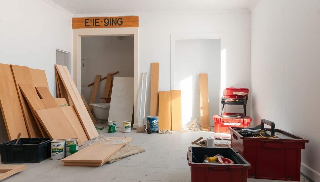 Een kamer in renovatie met materialen en gereedschappen.