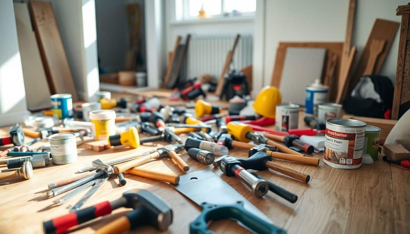 Een rommelige huisrenovatie met verspreide gereedschappen en verfemmers.