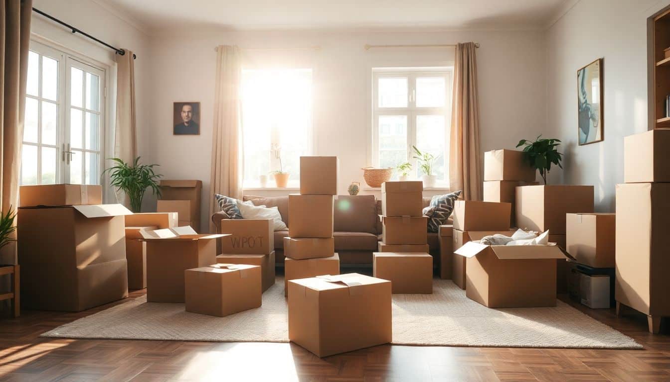 Een gezellige woonkamer vol met kartonnen dozen, suggererend een leven in transitie.