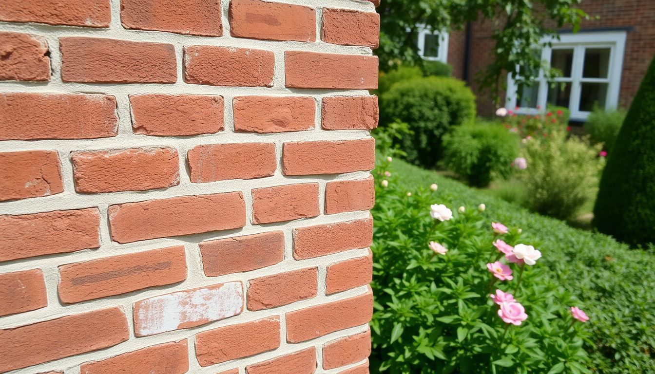 Een verweerde bakstenen muur met losse voegen in een tuin.