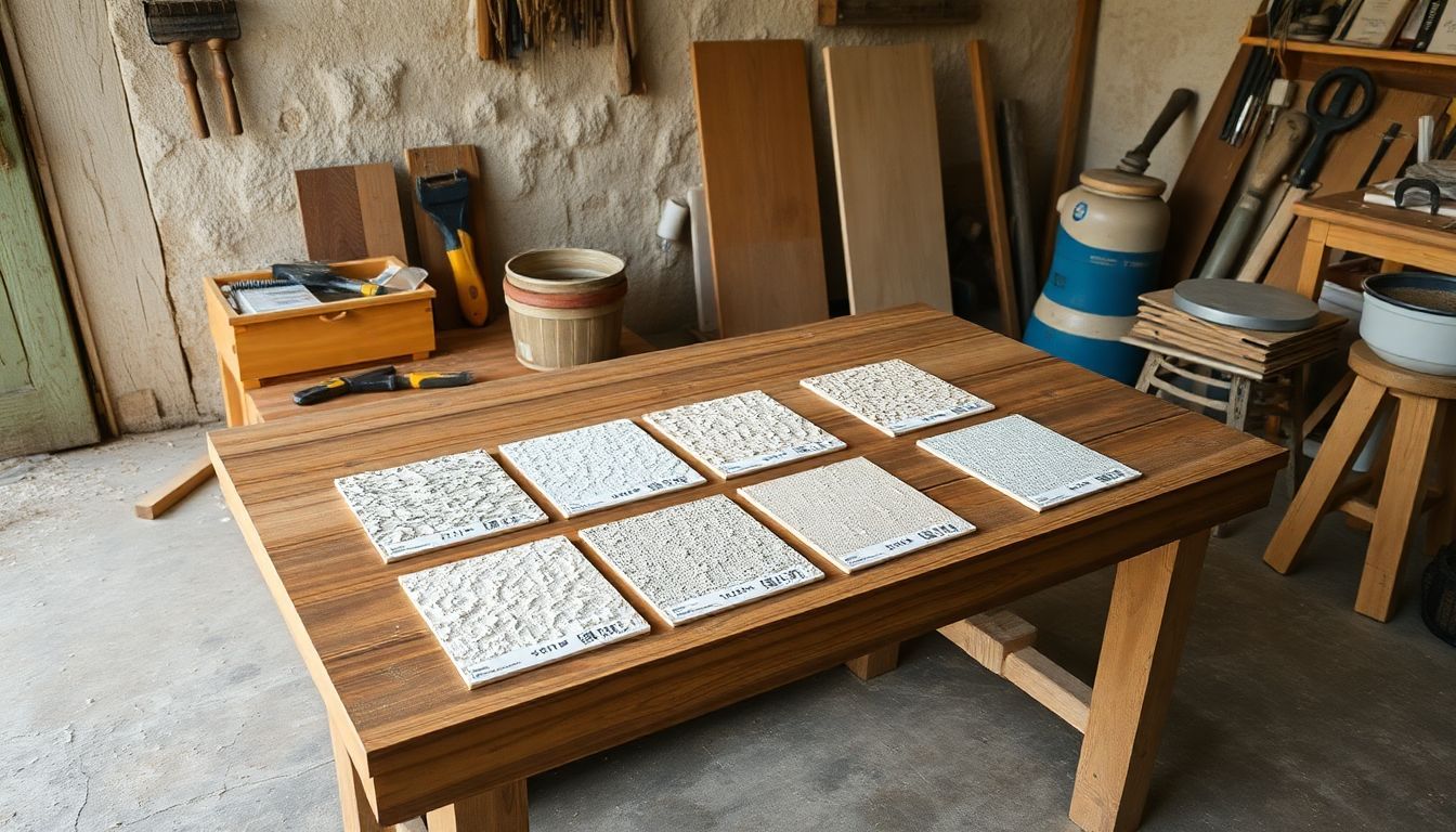 Een rustieke werkplaats met stucco finish samples en gereedschap.