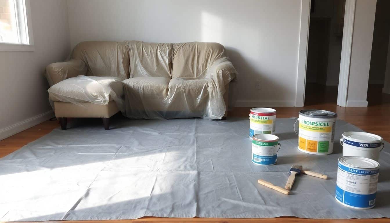 Een renovatieklus in een kamer met tarp en verf benodigdheden.