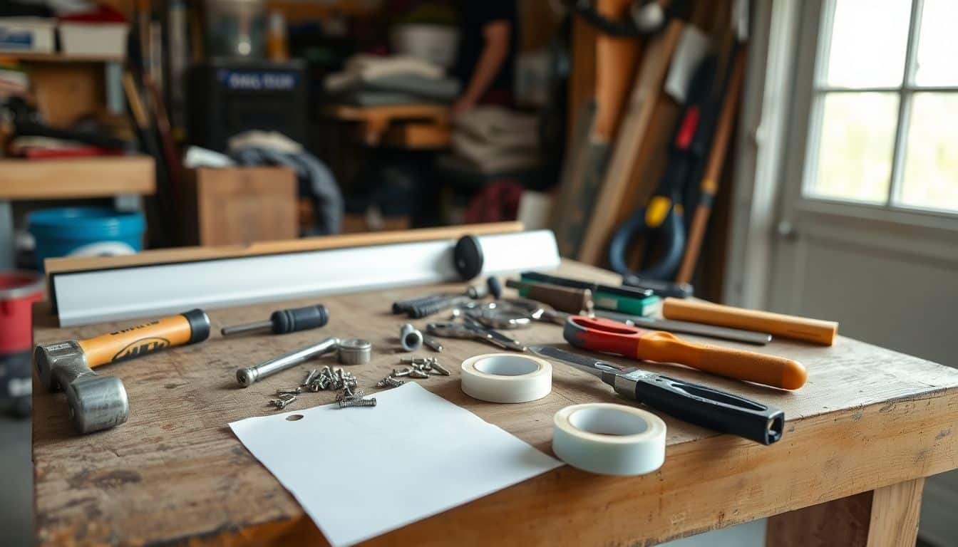 Gereedschappen en materialen voor het repareren van een zinken goot.