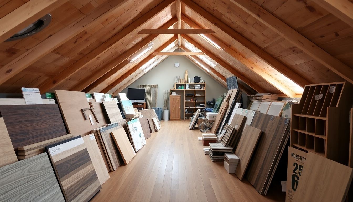 Een zolder met verschillende renovatie-opties zoals vloeren, plafondmaterialen en opslagoplossingen.