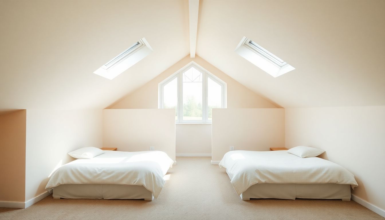 Een zolder omgebouwd tot twee identieke slaapkamers met een ruime zolderruimte.